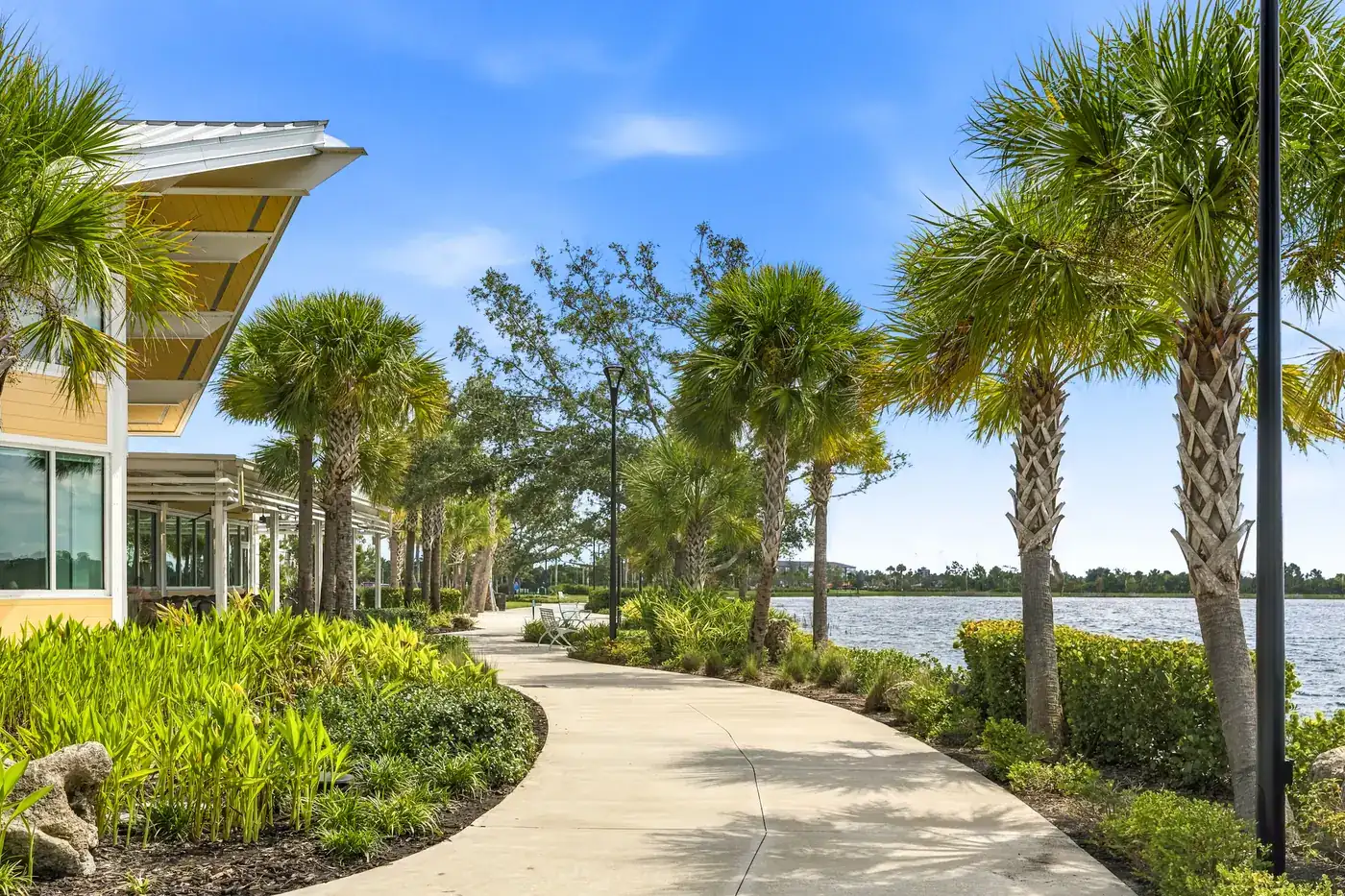 Landscaped walking path curving past palms and plantings toward the lake in Wellen Park